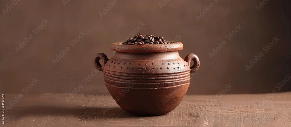 Poster the clay container is filled with coffee grains with tea and sugar. copy space image. place for addi