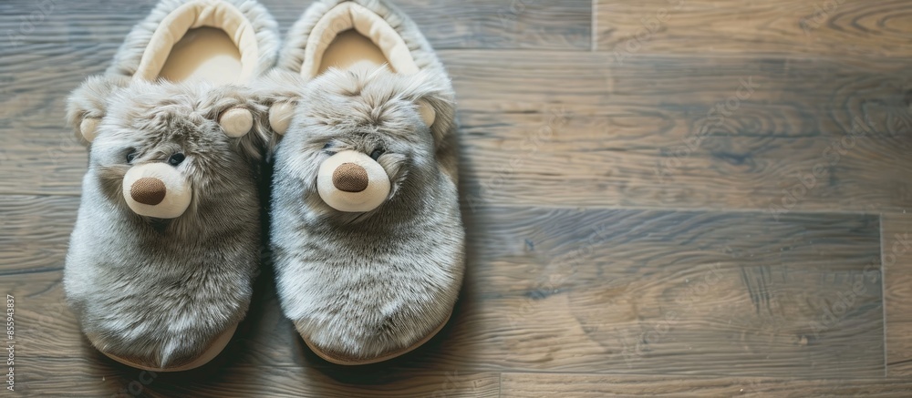 Poster a pair of comfy and cosy fur lined slippers with an animal face on the front. copy space image. plac