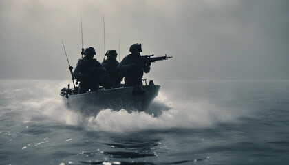 silhouette of underwater commando team advancing on boat in foggy sunrise.