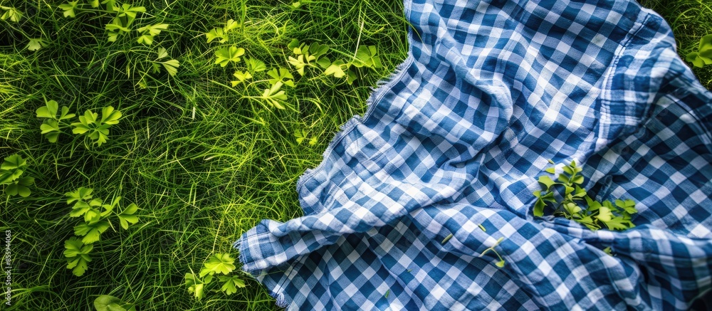 Poster blue picnic towel cloth on green grass background,empty space food advertisement backdrop.tablecloth