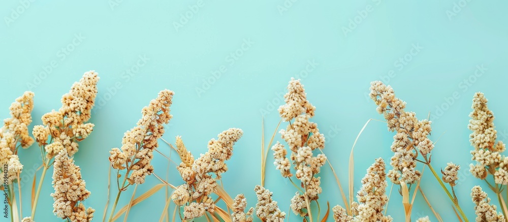 Sticker Harvest from dry natural organic millet crops. pastel background. Copy space image. Place for adding text and design