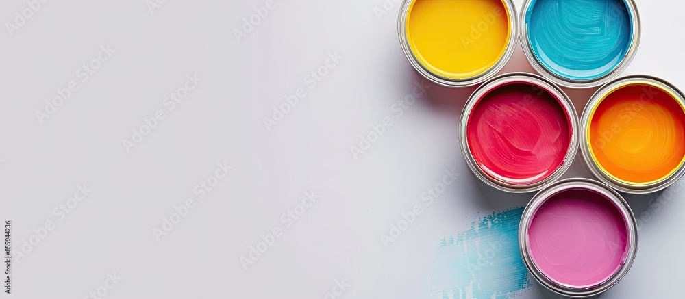 Poster cans of paint on white background. copy space image. place for adding text and design