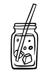 Hand drawn Lemonade in a glass jar with a straw doodle icon in isolated on a white background. Hand drawn glass of cola black sketch. Decoration element. Vector illustration.