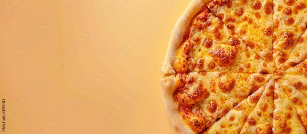 Poster pizza dough with cheese crust isolated on pastel background. copy space image. place for adding text
