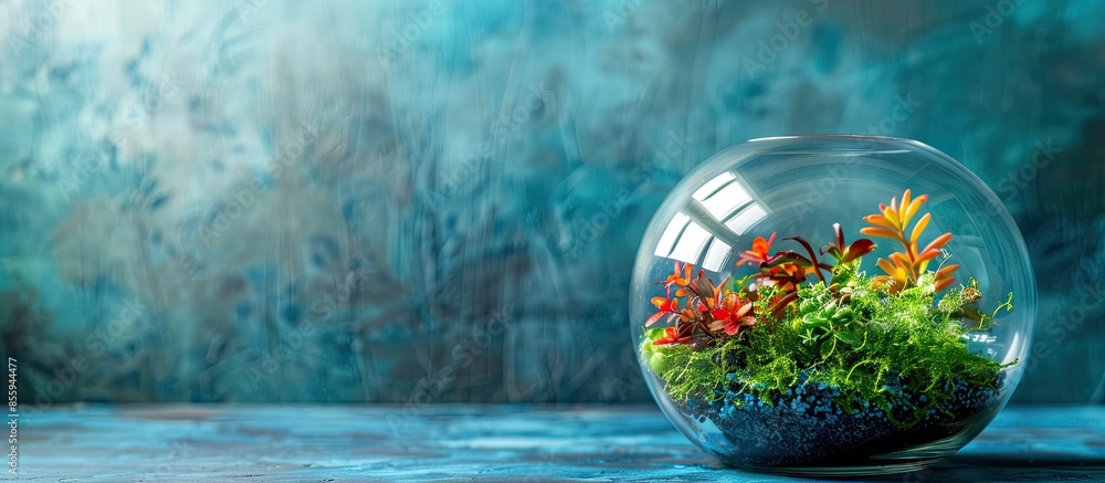 Poster florarium on table near blue wall in room. copy space image. place for adding text and design