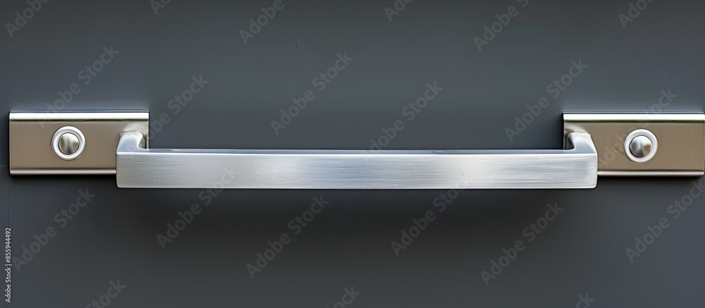 Poster close - up the modern silver metal door handle . copy space image. place for adding text and design