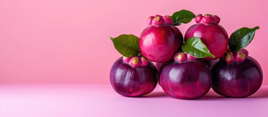 Mangosteen, an exotic asian fruit isolated on pastel background with reflection. Copy space image. Place for adding text and design