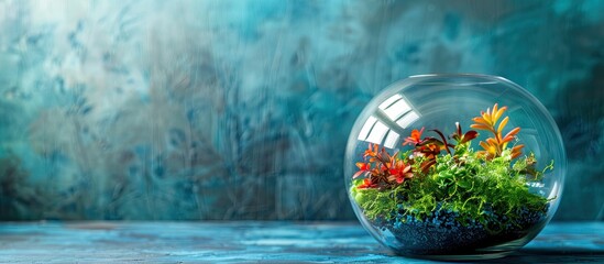 Florarium on table near blue wall in room. Copy space image. Place for adding text and design