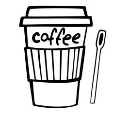 Hand drawn doodle of disposable paper cup with coffee or tea. Cartoon sketch. Vector illustration. Decoration for menus, signboards, showcases, greeting cards, posters, wallpapers