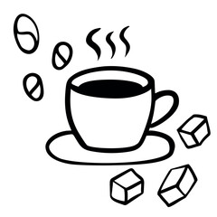 Hand drawn coffee cup, saucer in doodle style isolated on a white background. Vector sketch illustration. Perfect for print, menu, infographics.