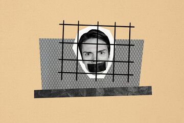 Composite photo collage of angry man face taped mouth prisoner cage punishment kidnapping criminal...