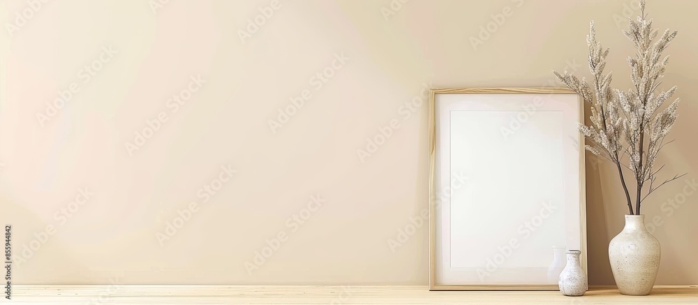 Poster photo frames on table on beige background. copy space image. place for adding text and design