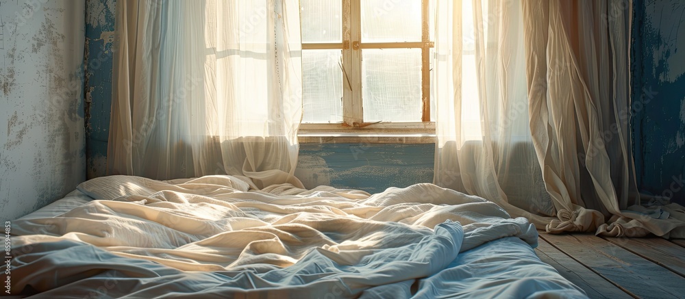 Poster morning view of an unmade bed with open curtain window. copy space image. place for adding text and 