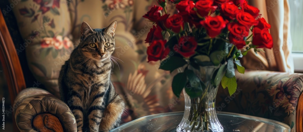 Poster the cat sits on an armchair next to a bouquet of red roses in a glass vase on the table. copy space 