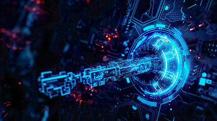 Obraz premium Cyber security concept with an abstract digital key technology interface neon blue highlights intricate digital design futuristic dark background 