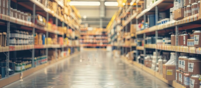 Blurred large hardware store in America. Defocused interior home improvement retailer, racks, rows of interior paint, exterior paint/stain, floor paint/stain cans and building materials