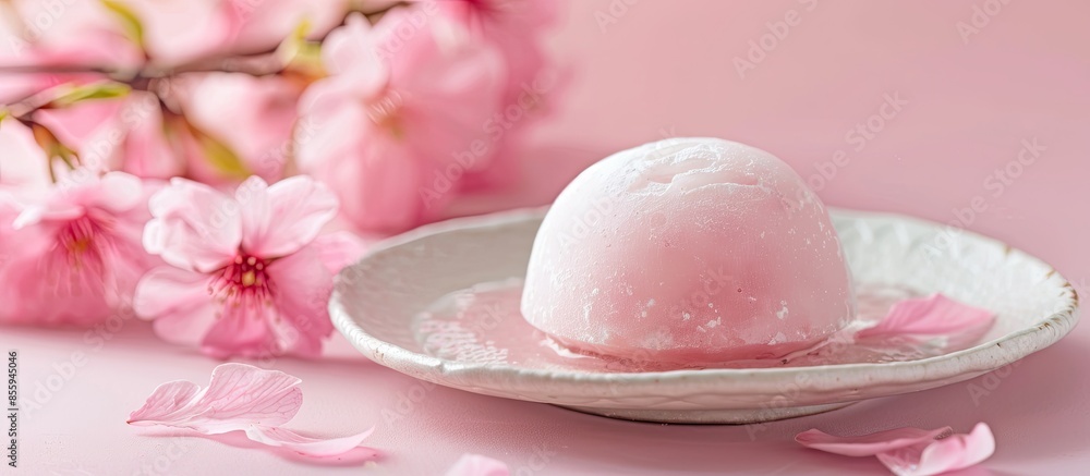 Poster sakura mochi dessert for spring season sakura blossom made of rice cake with bean paste wrapped in c
