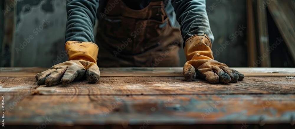 Poster hands with work gloves carrying a study desk. copy space image. place for adding text and design