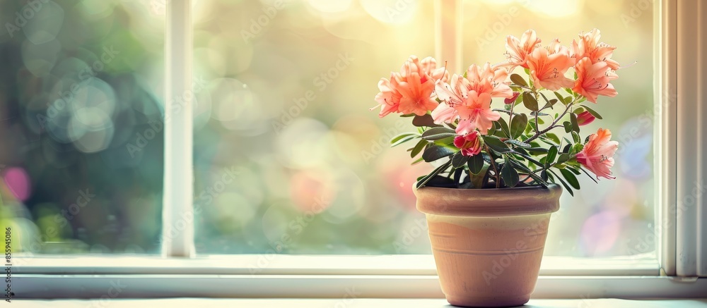 Poster flower pot with blooming azalea plant on a windowsill. copy space image. place for adding text and d