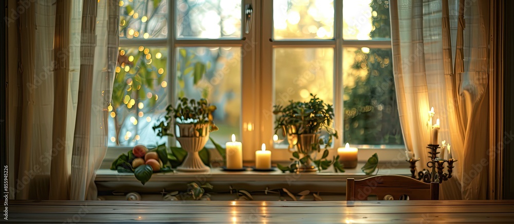 Poster beautiful vintage dining table with candles and window coverings. copy space image. place for adding