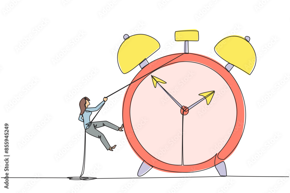 Poster single continuous line drawing businesswoman climbing alarm clock with rope. work carefully to compl