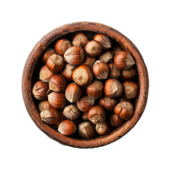 Obraz premium Clay Bowl Filled With Whole Hazelnuts Flat Lay. Brown Hazelnuts With Natural Textures in a Rustic Clay Bowl on .. Isolated on a Transparent Background. Cutout PNG.