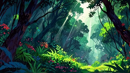 Obraz premium Vibrant forest scene with sunbeams illuminating a lush green clearing, surrounded by diverse foliage and colorful flowers.