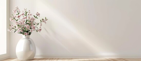 Home interior with decor elements. Spring flowers in a vase on a light background. Copy space image. Place for adding text and design © Ilgun