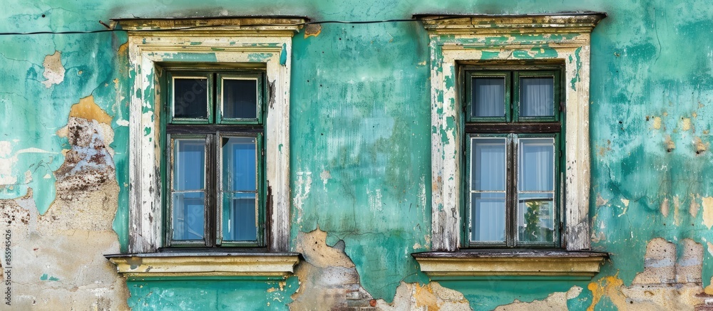 Poster old window(s) in an old house. side of an old building. copy space image. place for adding text and 