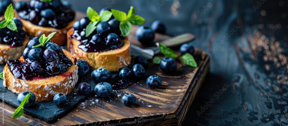 Poster blueberry compote on toasted bread. copy space image. place for adding text and design