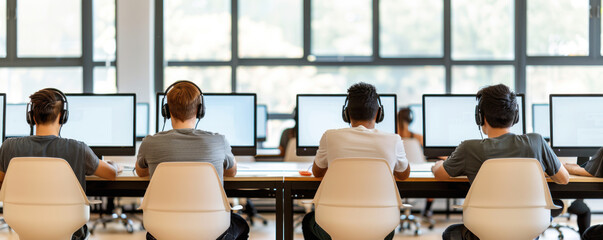 A group of people are sitting at desks with headphones on, working on their computers. The room is quiet and focused, with everyone concentrating on their tasks. The atmosphere is professional