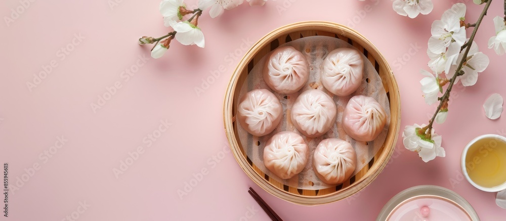 Poster steamed chives dumplings isolated on pastel background (can stuffed with garlic chives or taro or ya