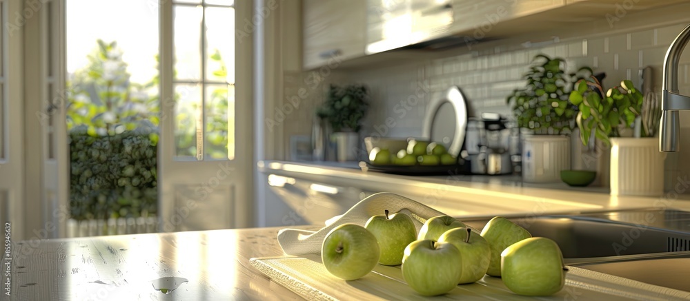Poster a kitchen sink with green apples on the countertop in front of it and an open door to the bathroom b