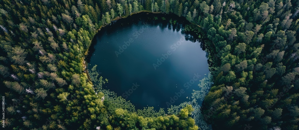 Aufkleber an almost perfect circular lake shot straight down from the air resembles the earth surrounded by a 
