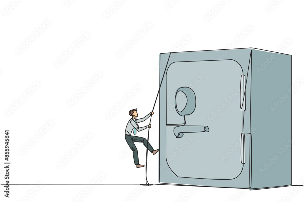 Poster continuous one line drawing businessman climbs safe deposit box with the rope. helps secure importan