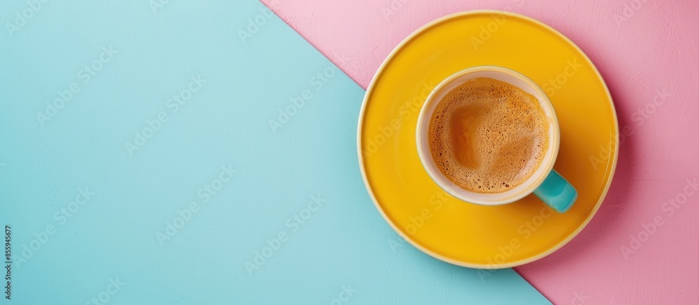 Aufkleber yellow cup of coffee on a pastel background texture. copy space image. place for adding text and des