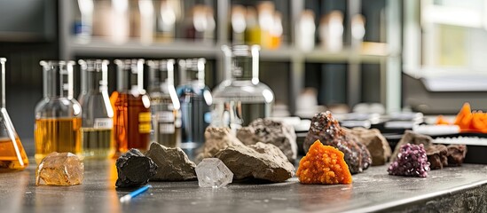 Rock core samples a geological laboratory. Copy space image. Place for adding text or design