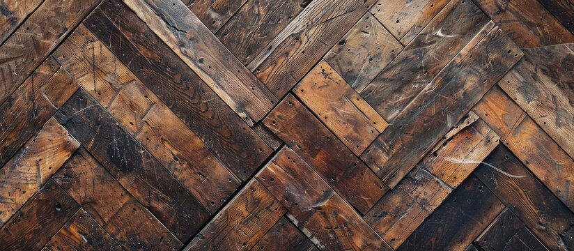 Old damaged parquet. Top view of ruined parquet floor. Copy space image. Place for adding text and design