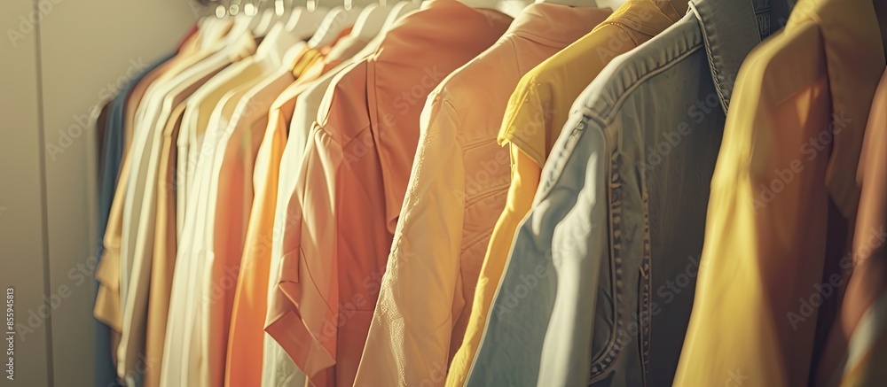 Poster collection of clothes hanging on rack in dressing room. copy space image. place for adding text or d