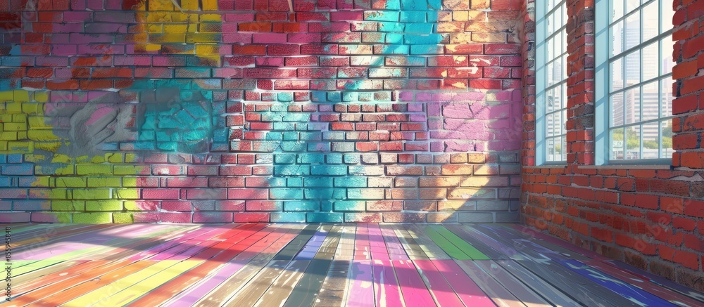 Poster room interior with colorful brick wall and floor. copy space image. place for adding text and design