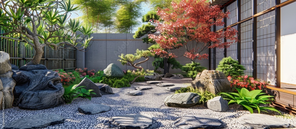 Poster decorative of the japanese style garden. copy space image. place for adding text and design