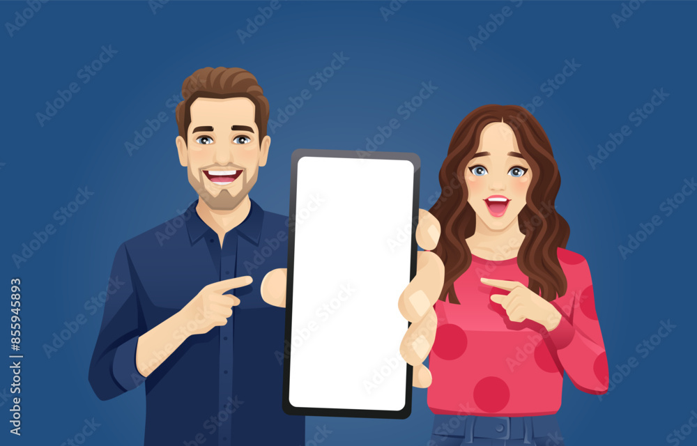 Wall mural Portrait of surprised young woman and man showing blank phone screen vector illustration on dark blue backgrounds set