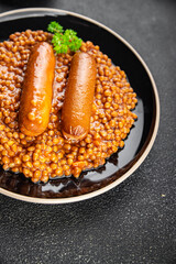 lentils with sausages fresh meal food snack on the table copy space food background rustic top view