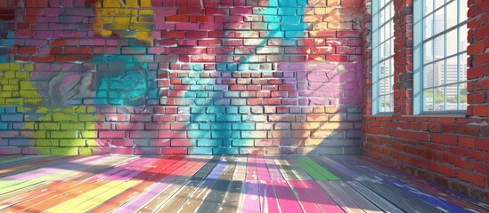 Room interior with colorful brick wall and floor. Copy space image. Place for adding text and design