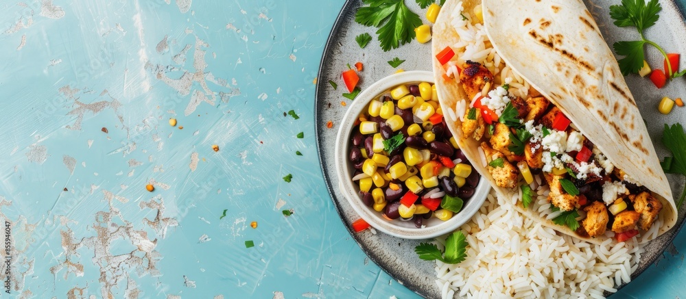 Poster chicken burrito with rice and black beans on pastel background. copy space image. place for adding t