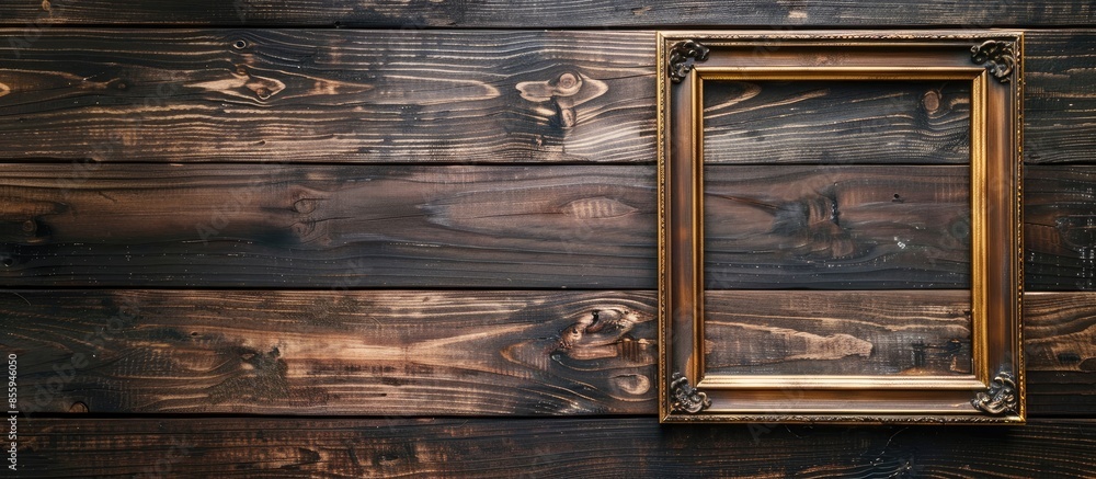 Aufkleber top shot of empty and vintage looking frame lying on wooden floor. cool photo placeholder or picture