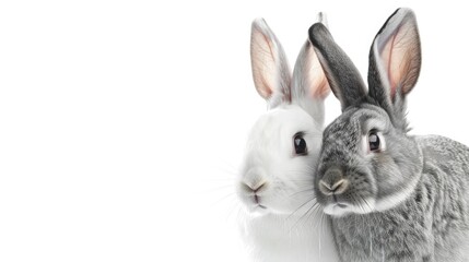 Obraz premium Gray and white rabbits on white backdrop Isolated with copy space High quality image