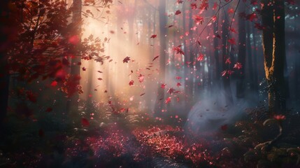 An enchanting autumn background featuring a tranquil forest scene bathed in the soft glow of the setting sun. Vibrant red leaves dance in the breeze, 
