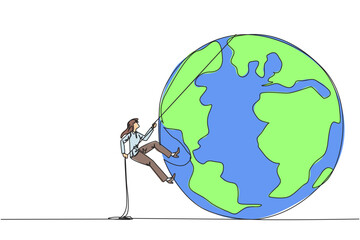 Single one line drawing businesswoman climbing the globe with rope. Trying dominate world with massive business expansion. Success reach top of the world. Continuous line design graphic illustration