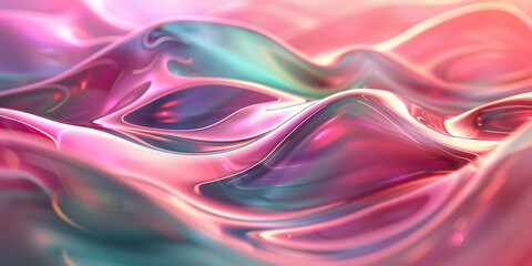 Fototapeta premium Elegant Abstract Background with Pink and Green Gradient, Flowing Shapes, and Metallic Texture. Futuristic Style with Soft Focus and Holographic Effect.